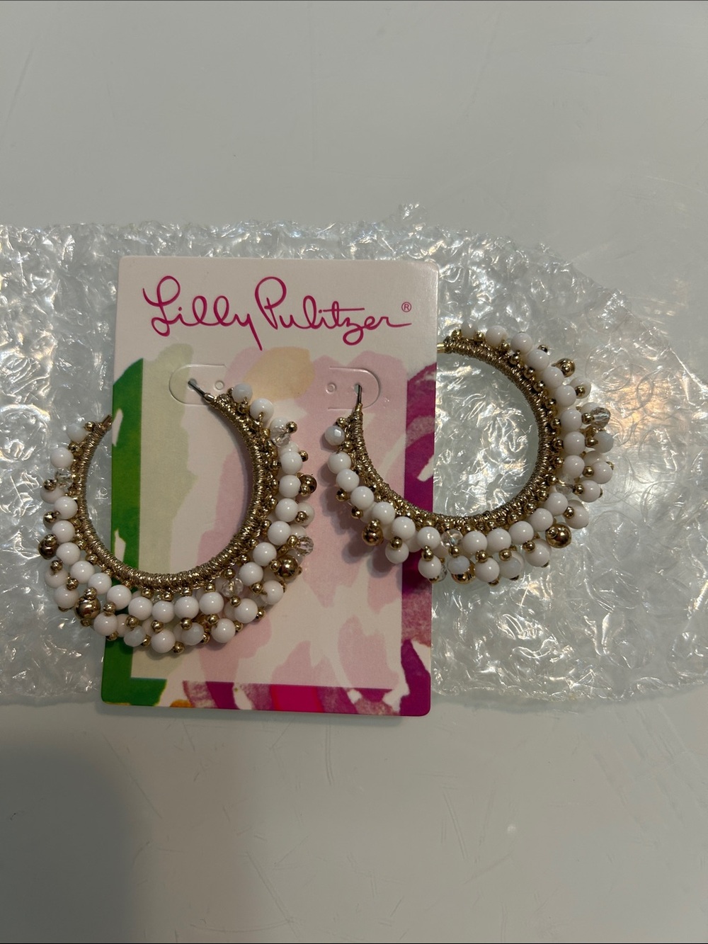 Lilly Pulitzer White Beaded Gold-Trim Hoop Earrings
